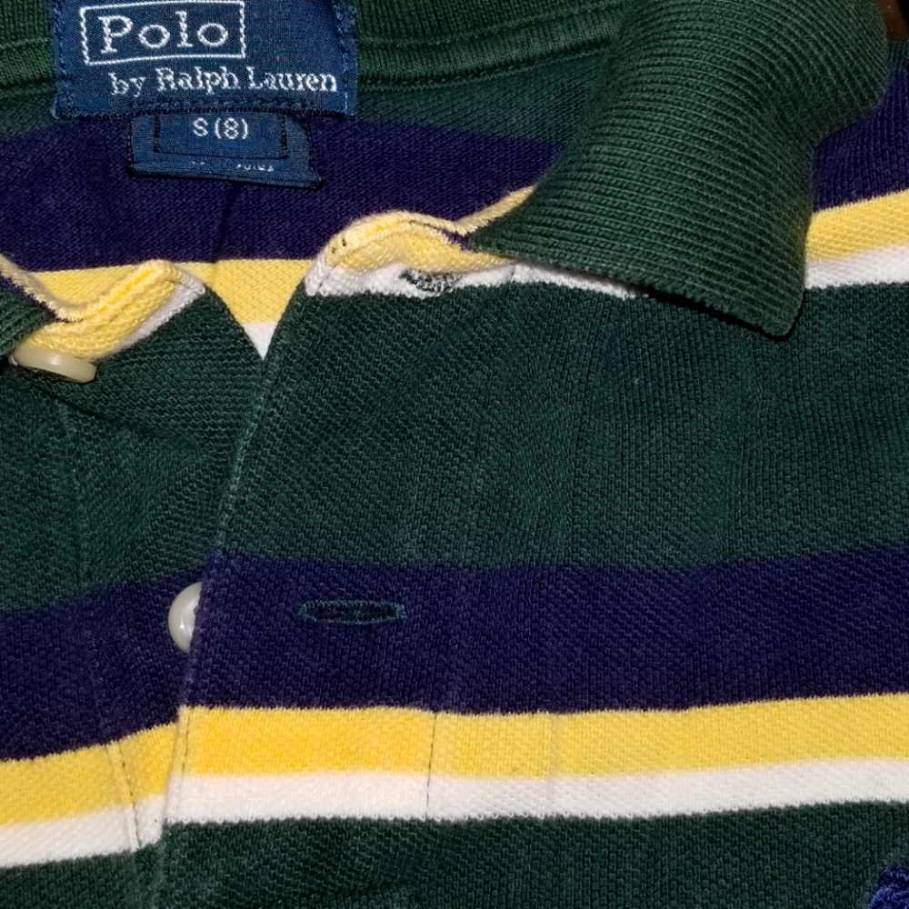 Ralph Lauren Polo Navy blue,dark green and yellow with Navy polo emblem. Boys S8